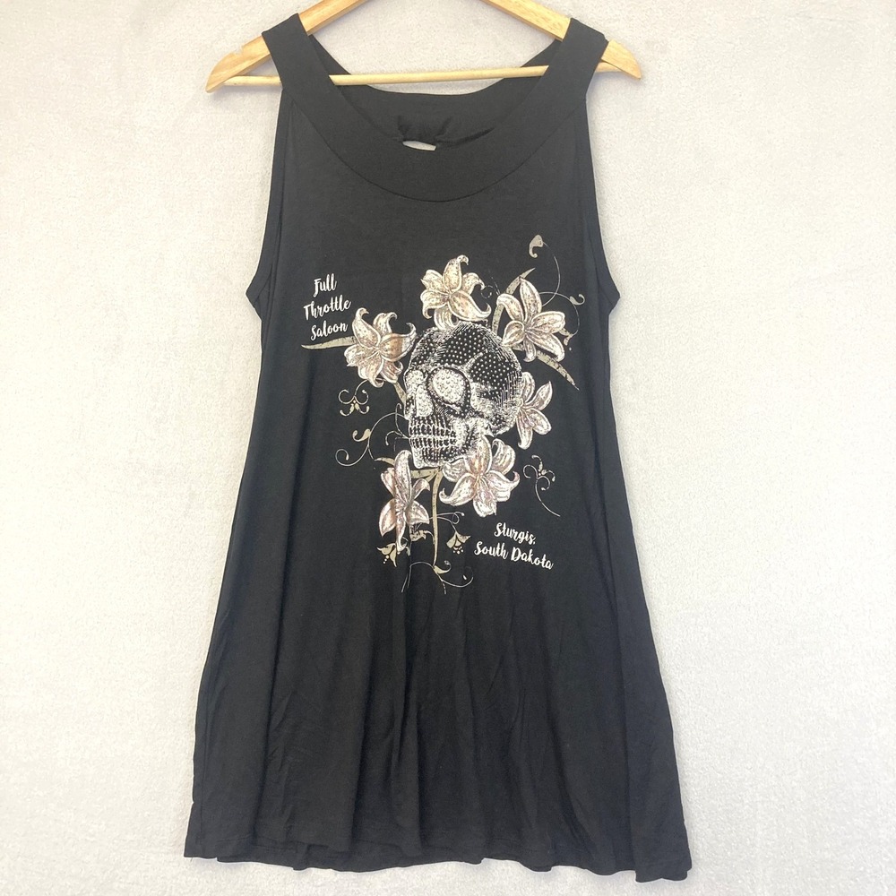 Full Throttle Saloon Biker Dress Womens L XL Black Skull Floral Sturgis Lace Up